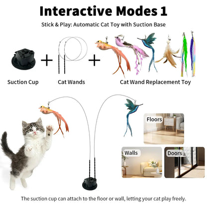 10-Piece Interactive Bird and Cat Toy Set with Hands-Free Suction Cup Wand, Natural Feathers, and Bells - Self-Playing Hunting and Chase Toys for Indoor Cats with Multiple Replacements