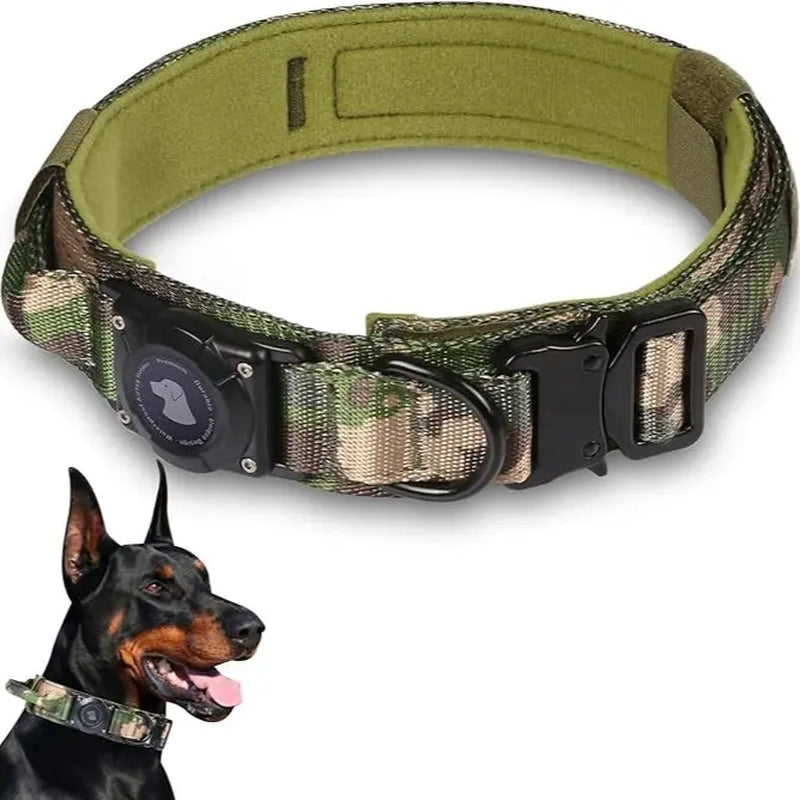 2026 Upgraded Waterproof Khaki Military Tactical Dog Collar with Airtag Holder, Comfortable Control Handle, Metal Buckle, and GPS Holder for Medium to Large Dogs - Leather