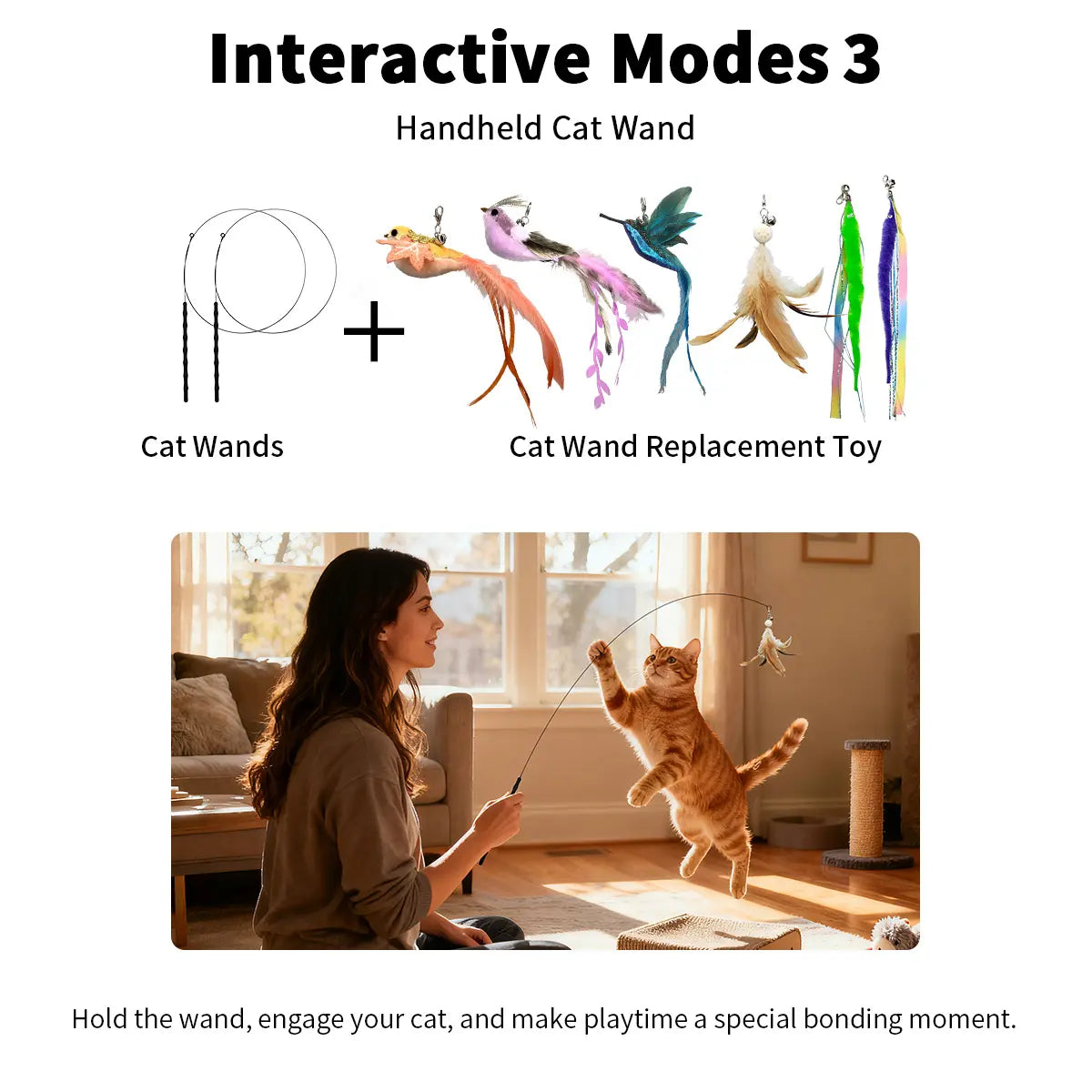 10-Piece Interactive Bird and Cat Toy Set with Hands-Free Suction Cup Wand, Natural Feathers, and Bells - Self-Playing Hunting and Chase Toys for Indoor Cats with Multiple Replacements