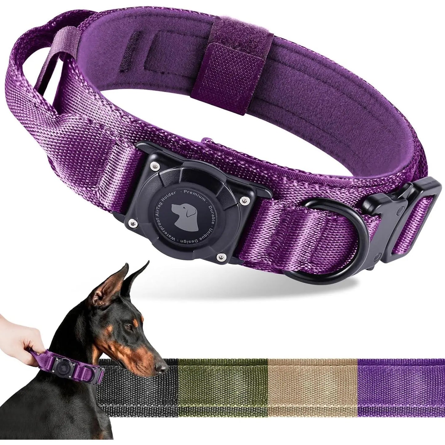 2026 Upgraded Waterproof Khaki Military Tactical Dog Collar with Airtag Holder, Comfortable Control Handle, Metal Buckle, and GPS Holder for Medium to Large Dogs - Leather