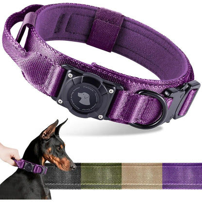 2026 Upgraded Waterproof Khaki Military Tactical Dog Collar with Airtag Holder, Comfortable Control Handle, Metal Buckle, and GPS Holder for Medium to Large Dogs - Leather