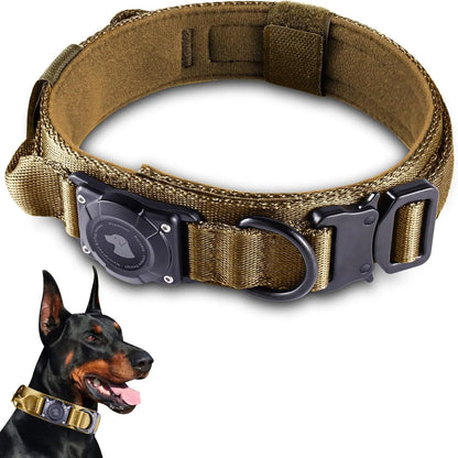 2026 Upgraded Waterproof Khaki Military Tactical Dog Collar with Airtag Holder, Comfortable Control Handle, Metal Buckle, and GPS Holder for Medium to Large Dogs - Leather