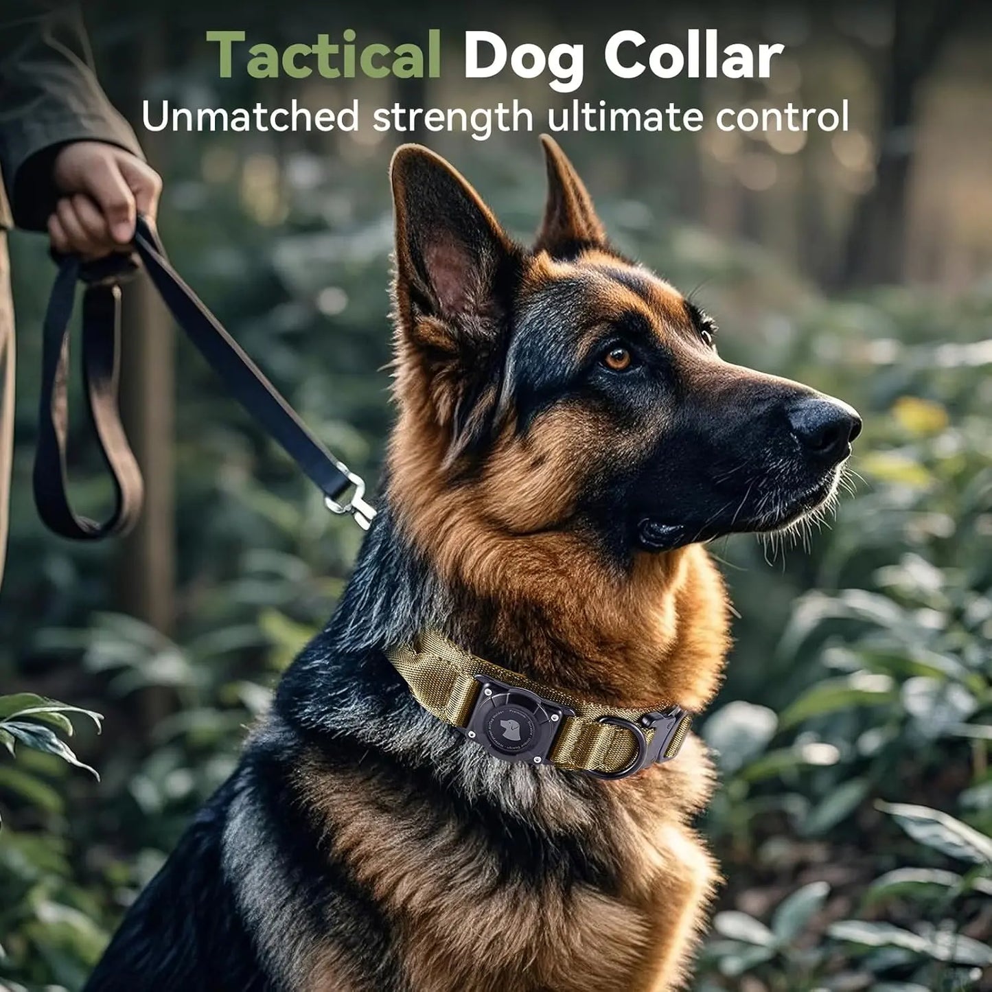 2026 Upgraded Waterproof Khaki Military Tactical Dog Collar with Airtag Holder, Comfortable Control Handle, Metal Buckle, and GPS Holder for Medium to Large Dogs - Leather