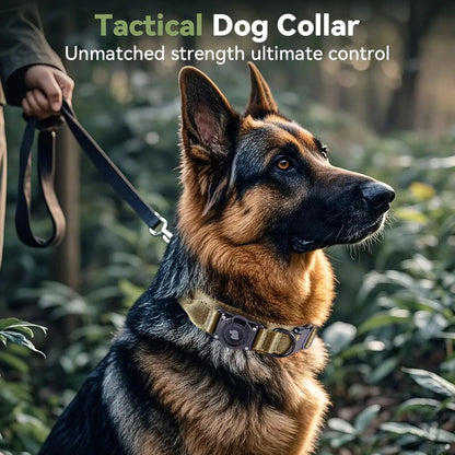 2026 Upgraded Waterproof Khaki Military Tactical Dog Collar with Airtag Holder, Comfortable Control Handle, Metal Buckle, and GPS Holder for Medium to Large Dogs - Leather