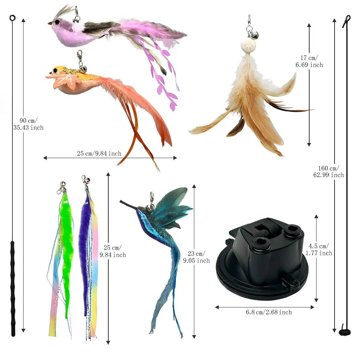 10-Piece Interactive Bird and Cat Toy Set with Hands-Free Suction Cup Wand, Natural Feathers, and Bells - Self-Playing Hunting and Chase Toys for Indoor Cats with Multiple Replacements