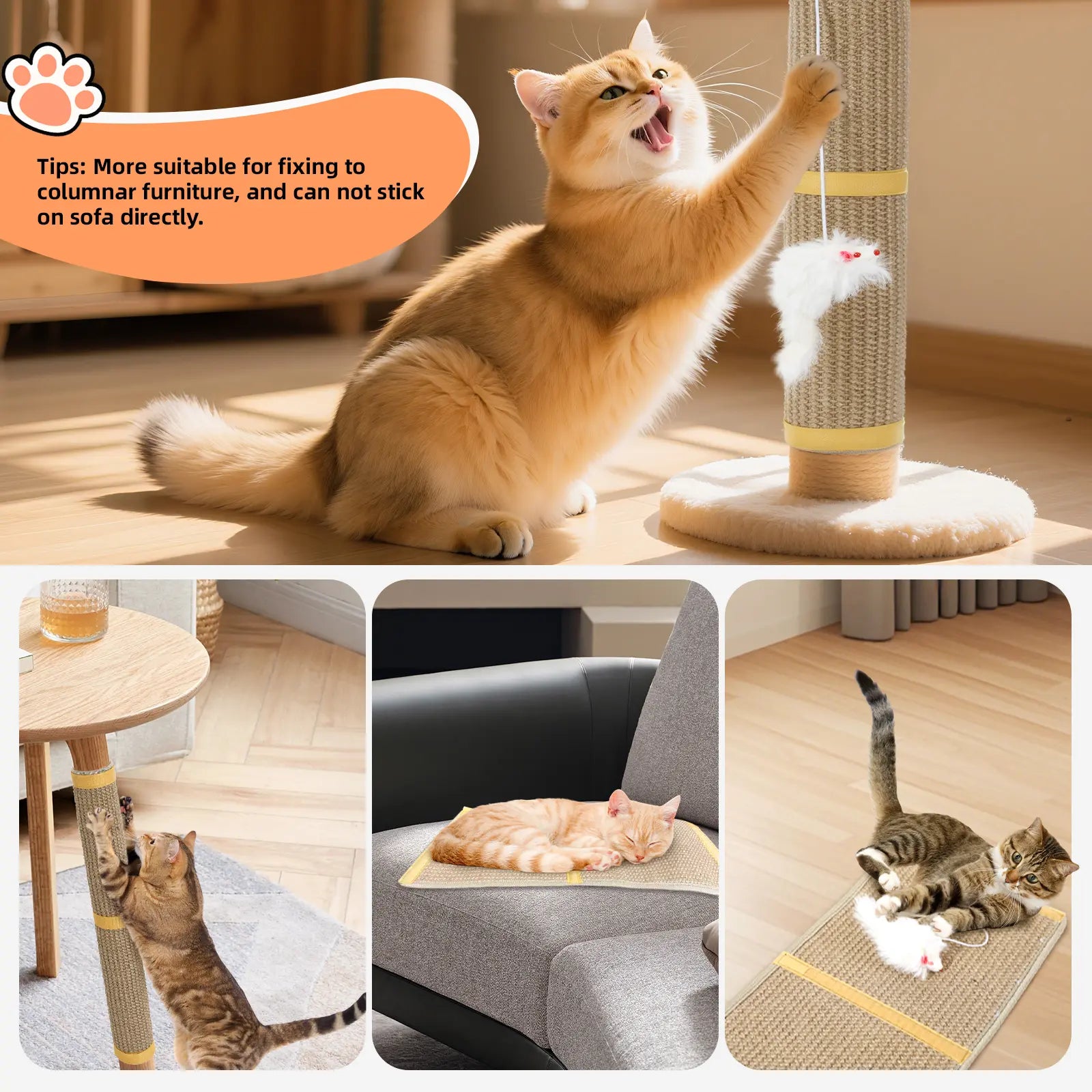 Pawaboo Cat Tree Restoration Mat | Natural Sisal Cat Scratcher with Bonus Hanging Toy - Ideal Gift for Cat Owners