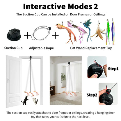 10-Piece Interactive Bird and Cat Toy Set with Hands-Free Suction Cup Wand, Natural Feathers, and Bells - Self-Playing Hunting and Chase Toys for Indoor Cats with Multiple Replacements