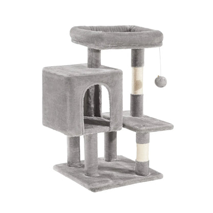 Sha Cerlin 29-Inch Multi-Level Cat Tree Tower with Plush Perch, Sisal Scratching Post, and Activity House in Beige, Dark Grey, Grey, and Pink - Ideal Father's Day Gift