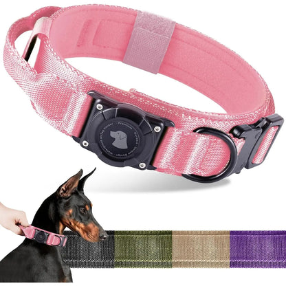 2026 Upgraded Waterproof Khaki Military Tactical Dog Collar with Airtag Holder, Comfortable Control Handle, Metal Buckle, and GPS Holder for Medium to Large Dogs - Leather