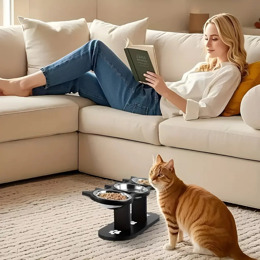 Elevated Pet Feeder with 15-Degree Tilted Bowls and Adjustable Height for Enhanced Feeding Comfort for Cats and Dogs