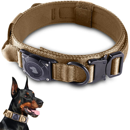 2026 Upgraded Waterproof Khaki Military Tactical Dog Collar with Airtag Holder, Comfortable Control Handle, Metal Buckle, and GPS Holder for Medium to Large Dogs - Leather