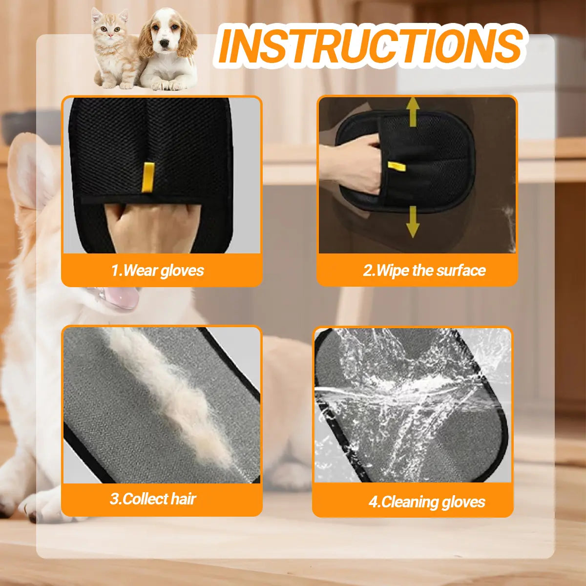 Electrostatic Pet Hair Removal Gloves for Dogs and Cats - Reusable Solution for Carpets, Couches, and Clothing