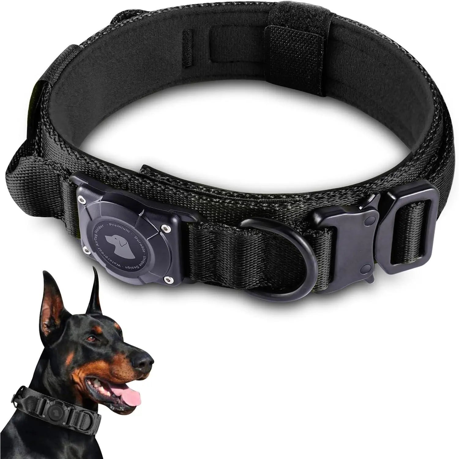 2026 Upgraded Waterproof Khaki Military Tactical Dog Collar with Airtag Holder, Comfortable Control Handle, Metal Buckle, and GPS Holder for Medium to Large Dogs - Leather