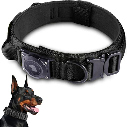 2026 Upgraded Waterproof Khaki Military Tactical Dog Collar with Airtag Holder, Comfortable Control Handle, Metal Buckle, and GPS Holder for Medium to Large Dogs - Leather