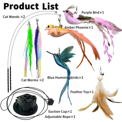 10-Piece Interactive Bird and Cat Toy Set with Hands-Free Suction Cup Wand, Natural Feathers, and Bells - Self-Playing Hunting and Chase Toys for Indoor Cats with Multiple Replacements