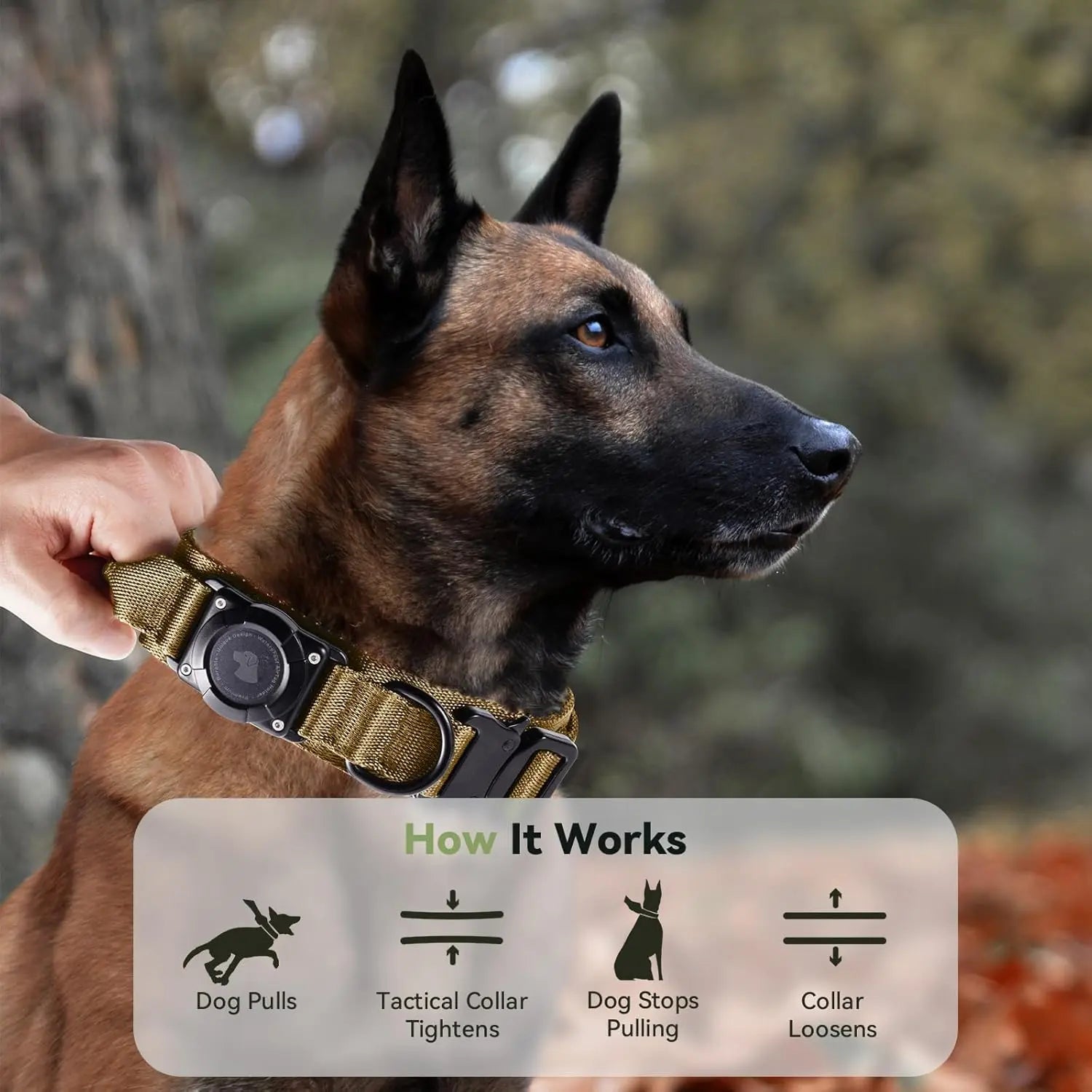2026 Upgraded Waterproof Khaki Military Tactical Dog Collar with Airtag Holder, Comfortable Control Handle, Metal Buckle, and GPS Holder for Medium to Large Dogs - Leather