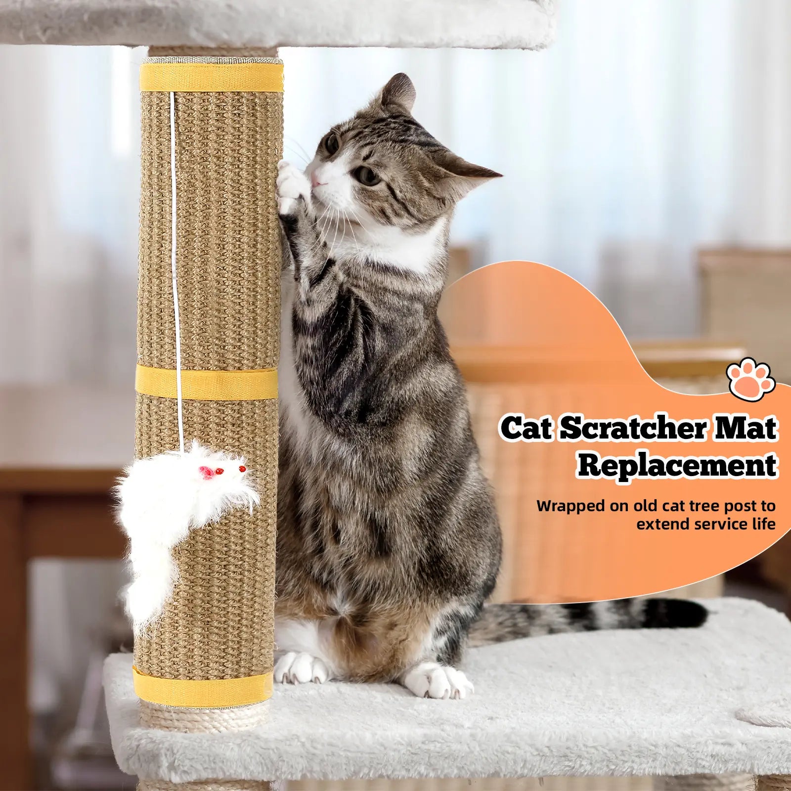 Pawaboo Cat Tree Restoration Mat | Natural Sisal Cat Scratcher with Bonus Hanging Toy - Ideal Gift for Cat Owners