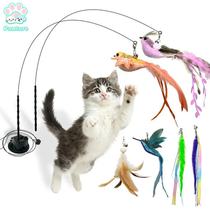 10-Piece Interactive Bird and Cat Toy Set with Hands-Free Suction Cup Wand, Natural Feathers, and Bells - Self-Playing Hunting and Chase Toys for Indoor Cats with Multiple Replacements