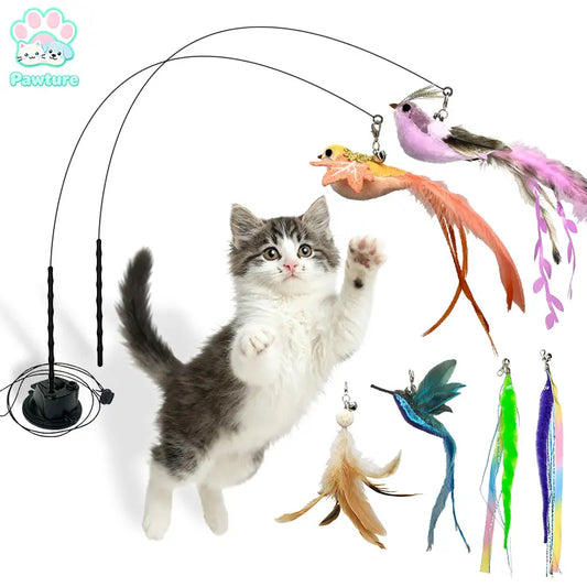 10-Piece Interactive Bird and Cat Toy Set with Hands-Free Suction Cup Wand, Natural Feathers, and Bells - Self-Playing Hunting and Chase Toys for Indoor Cats with Multiple Replacements