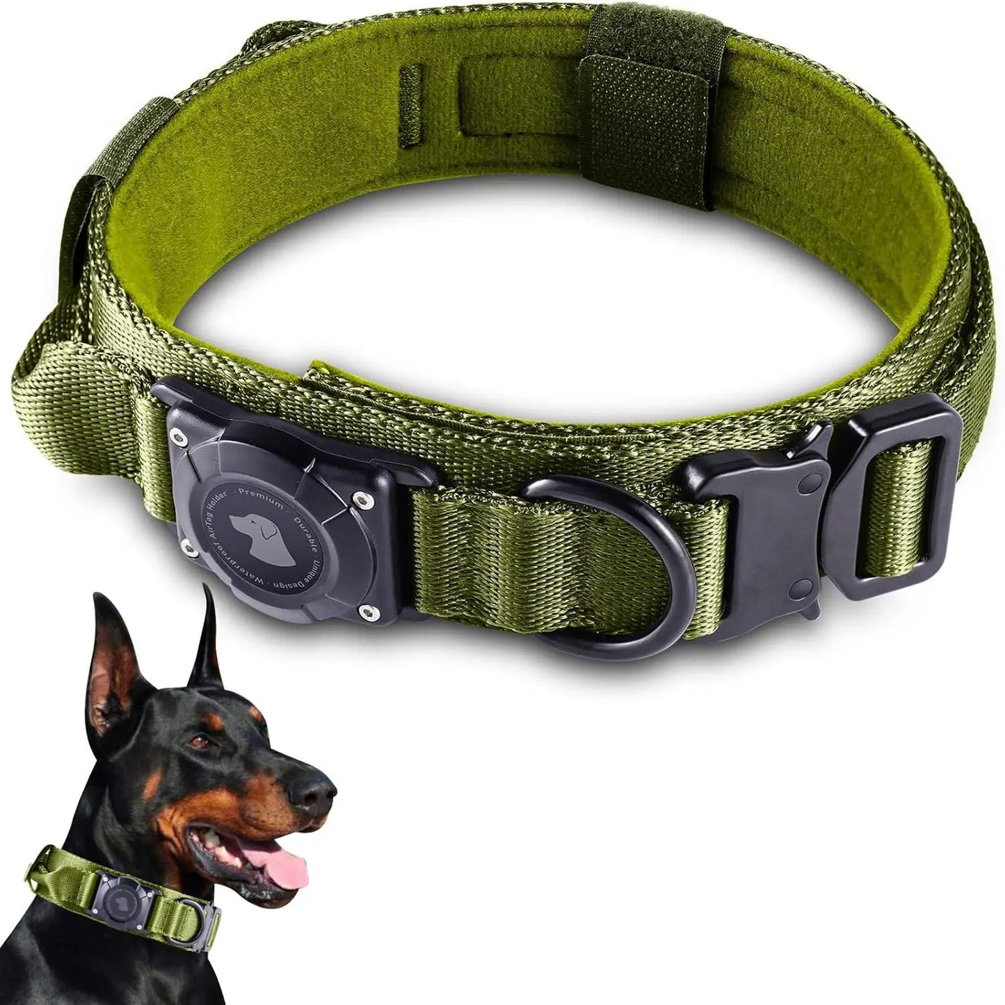 2026 Upgraded Waterproof Khaki Military Tactical Dog Collar with Airtag Holder, Comfortable Control Handle, Metal Buckle, and GPS Holder for Medium to Large Dogs - Leather