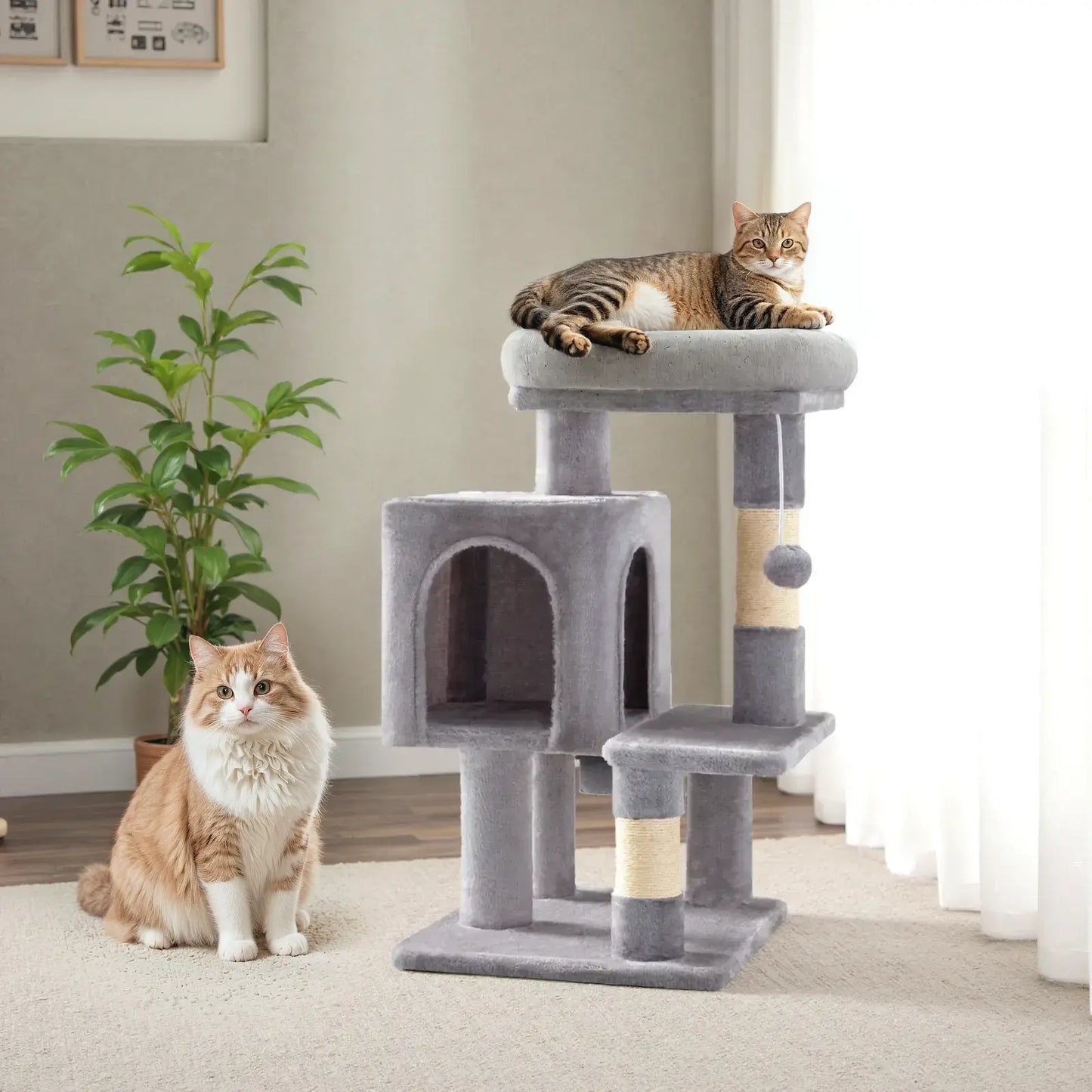Sha Cerlin 29-Inch Multi-Level Cat Tree Tower with Plush Perch, Sisal Scratching Post, and Activity House in Beige, Dark Grey, Grey, and Pink - Ideal Father's Day Gift