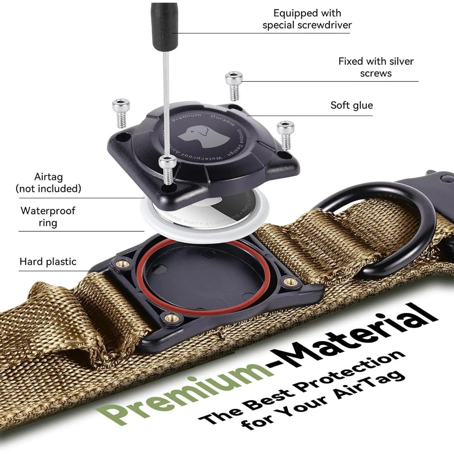 2026 Upgraded Waterproof Khaki Military Tactical Dog Collar with Airtag Holder, Comfortable Control Handle, Metal Buckle, and GPS Holder for Medium to Large Dogs - Leather