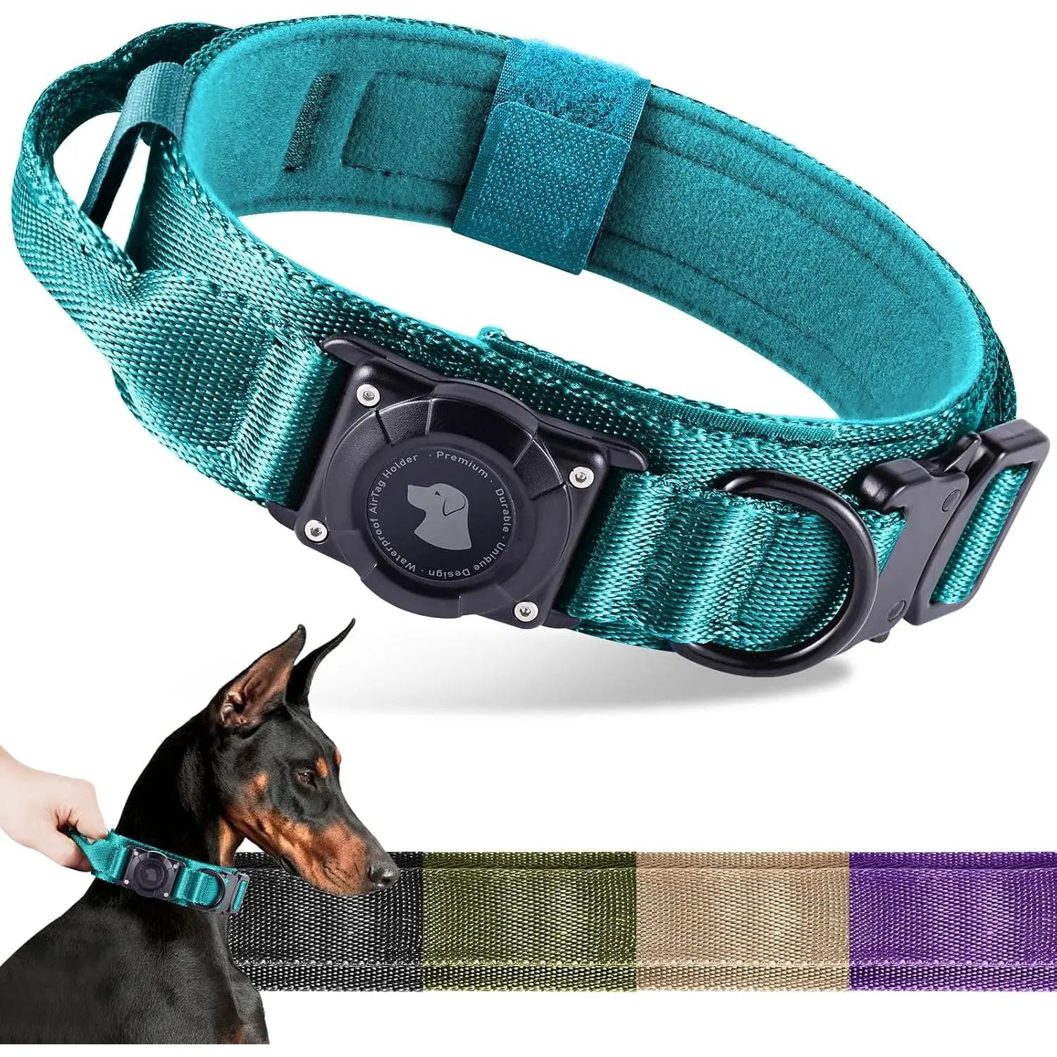 2026 Upgraded Waterproof Khaki Military Tactical Dog Collar with Airtag Holder, Comfortable Control Handle, Metal Buckle, and GPS Holder for Medium to Large Dogs - Leather