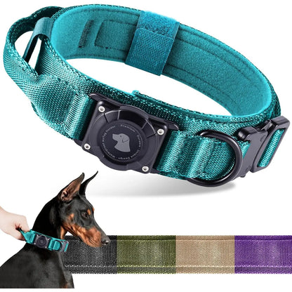 2026 Upgraded Waterproof Khaki Military Tactical Dog Collar with Airtag Holder, Comfortable Control Handle, Metal Buckle, and GPS Holder for Medium to Large Dogs - Leather