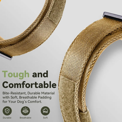 2026 Upgraded Waterproof Khaki Military Tactical Dog Collar with Airtag Holder, Comfortable Control Handle, Metal Buckle, and GPS Holder for Medium to Large Dogs - Leather