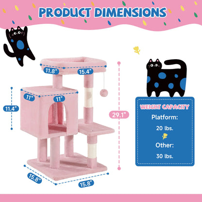 Sha Cerlin 29-Inch Multi-Level Cat Tree Tower with Plush Perch, Sisal Scratching Post, and Activity House in Beige, Dark Grey, Grey, and Pink - Ideal Father's Day Gift
